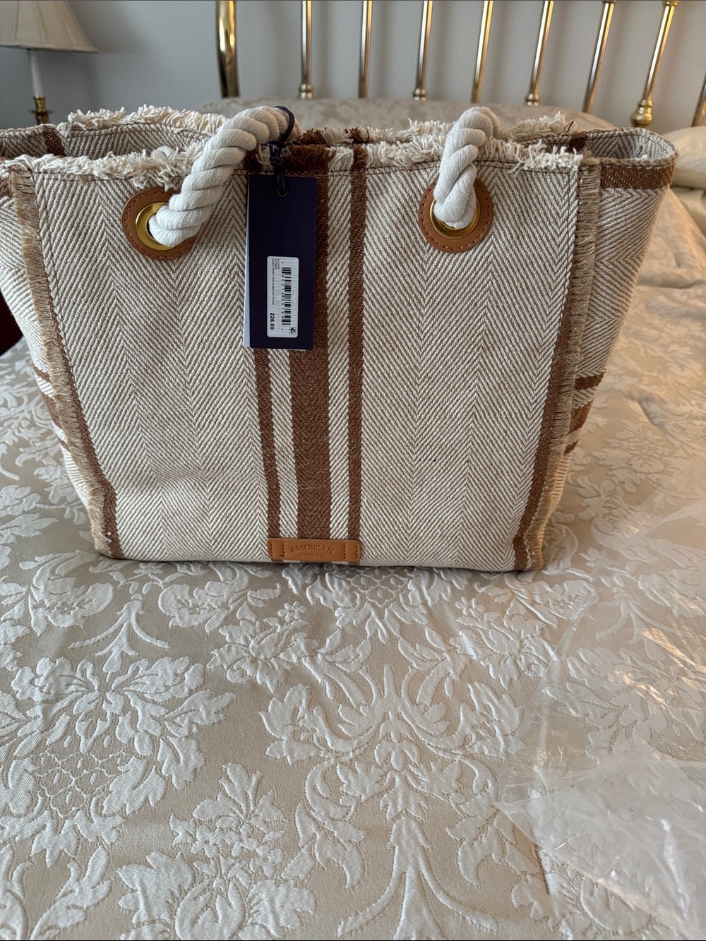 Striped Canvas Rope-Handle Tote in Cream and Brown